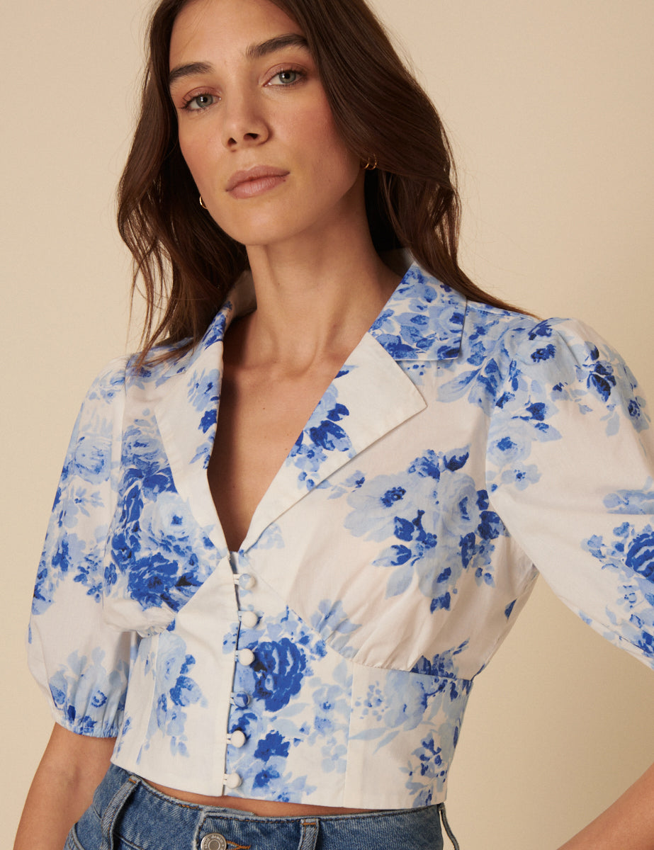Blue Watercolour Floral Tailored Top