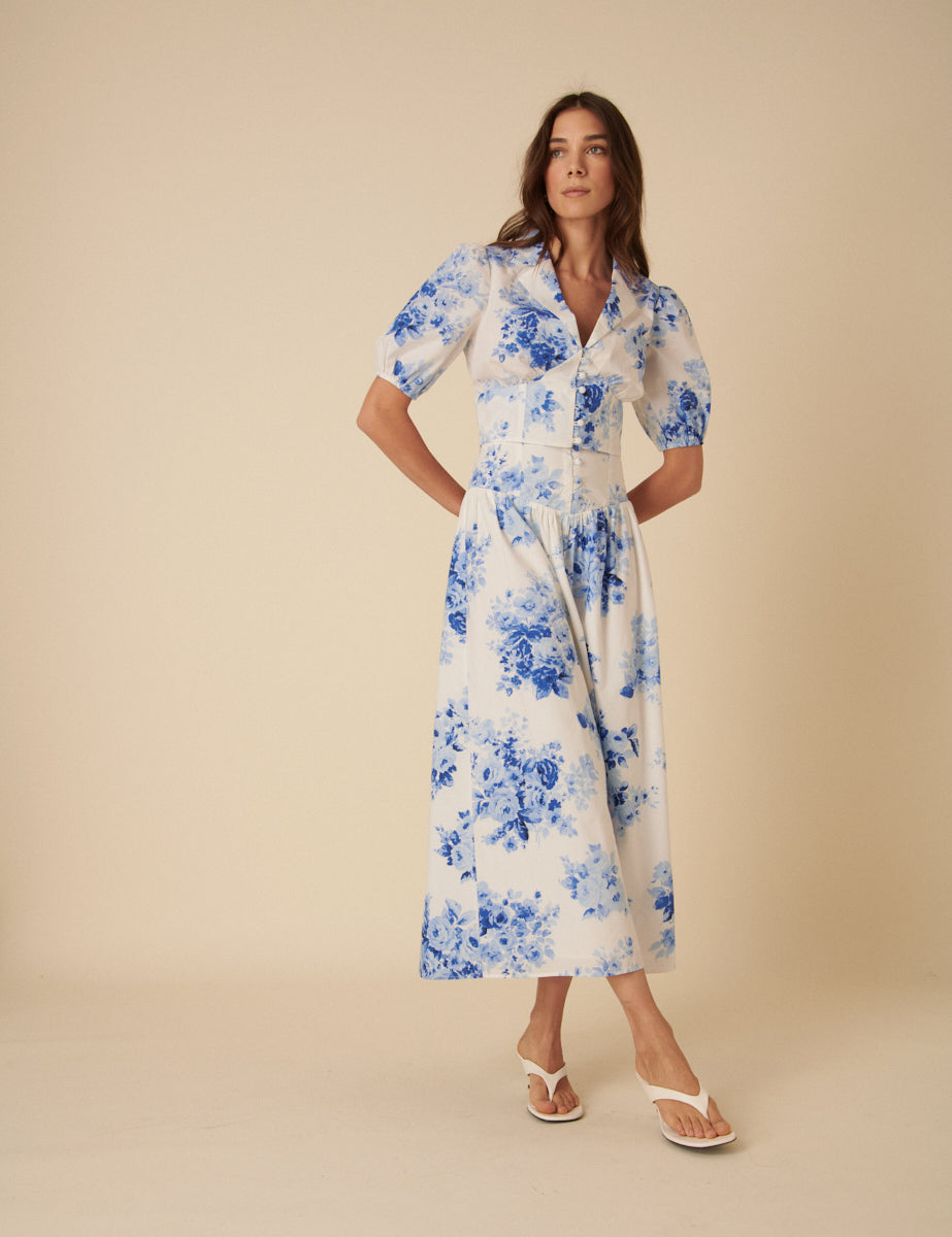 Blue Watercolour Floral Tailored Top