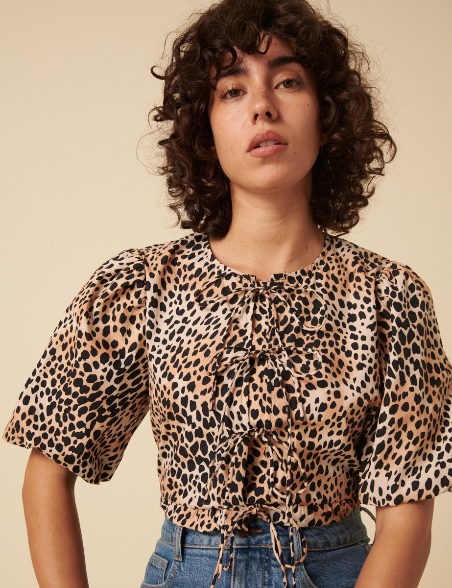 Leopard Print Tie Front Top