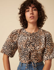 Leopard Print Tie Front Top