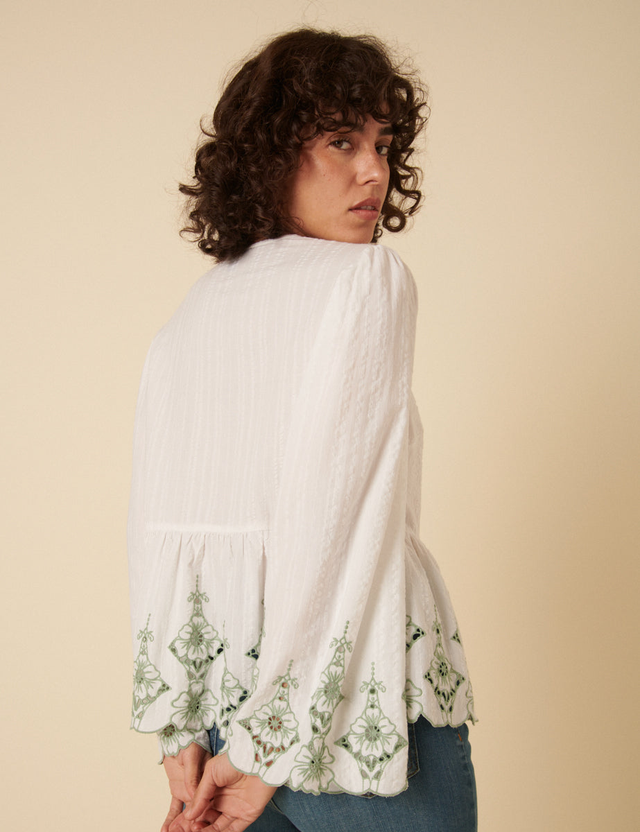 White Tie Front Embroidered Blouse