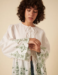 White Tie Front Embroidered Blouse
