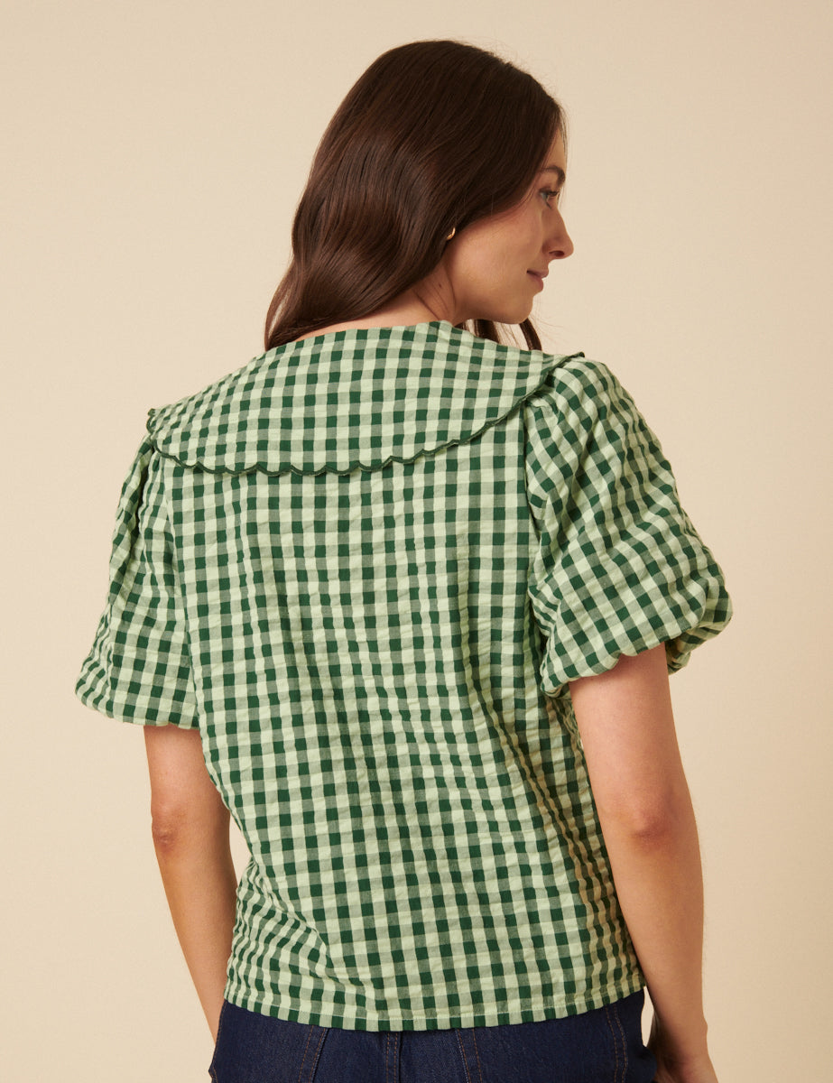 Green Gingham Short Sleeve Birdie Blouse