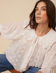 White Frill Collar Floral Embroidered Blouse