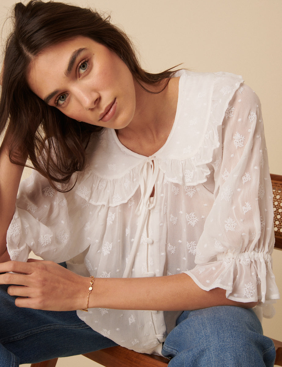 White Frill Collar Floral Embroidered Blouse