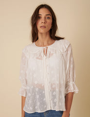 White Frill Collar Floral Embroidered Blouse