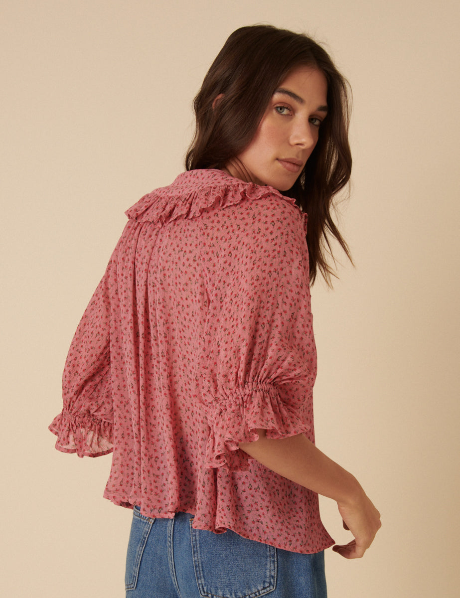 Pink Frill Collar Floral Printed Blouse