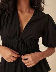 Black Tie Front Puff Sleeve Top
