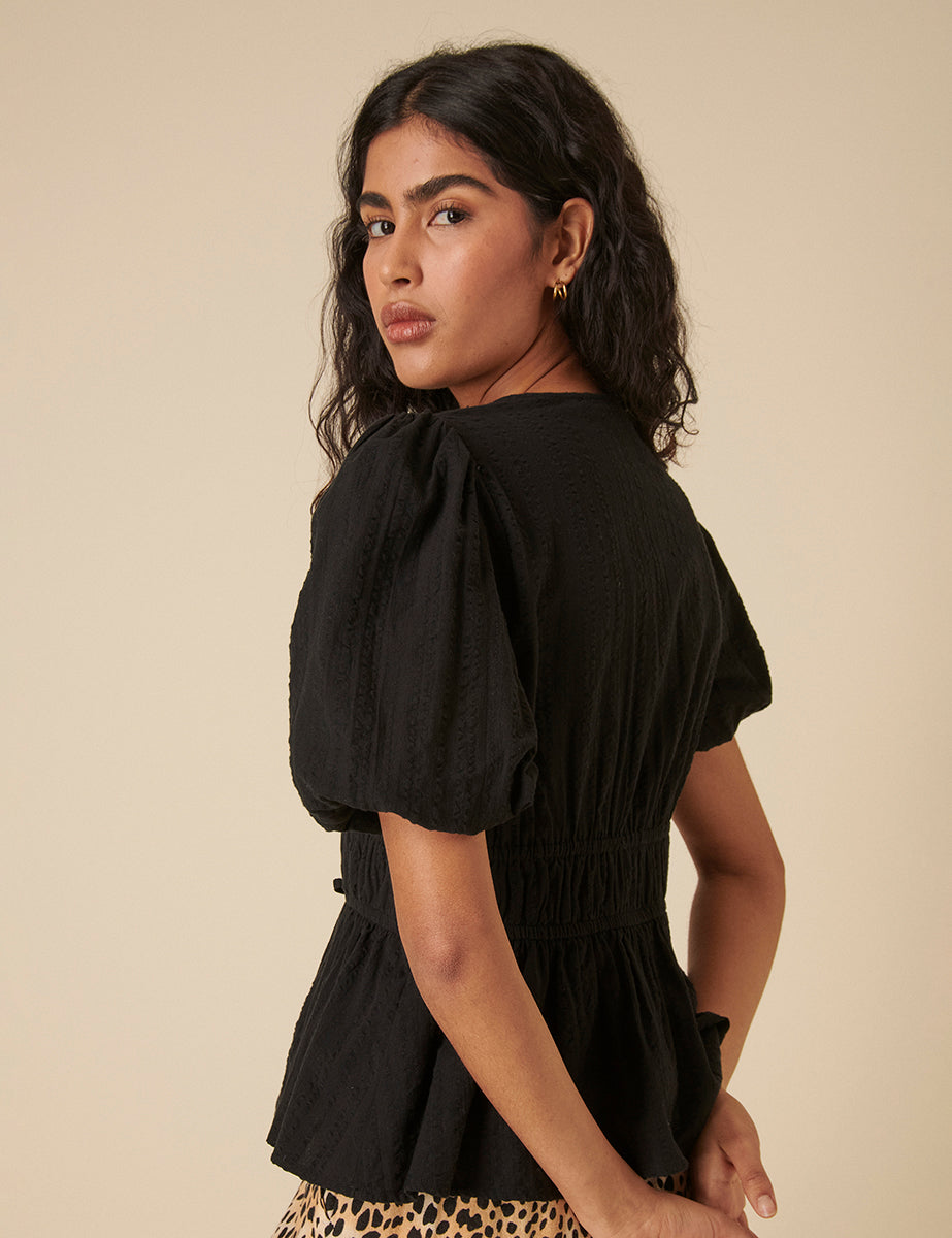 Black Tie Front Puff Sleeve Top