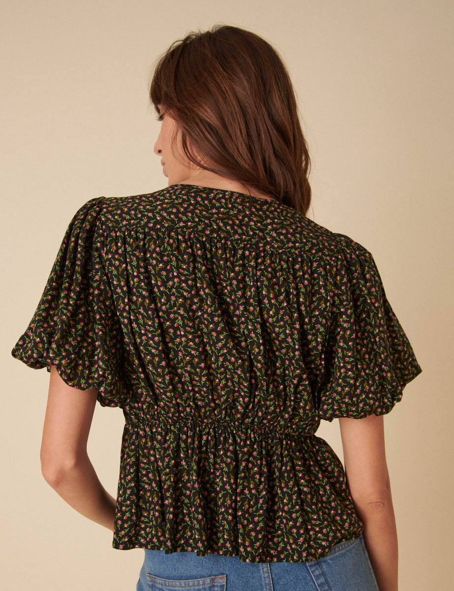 Black Floral Short Sleeve Top