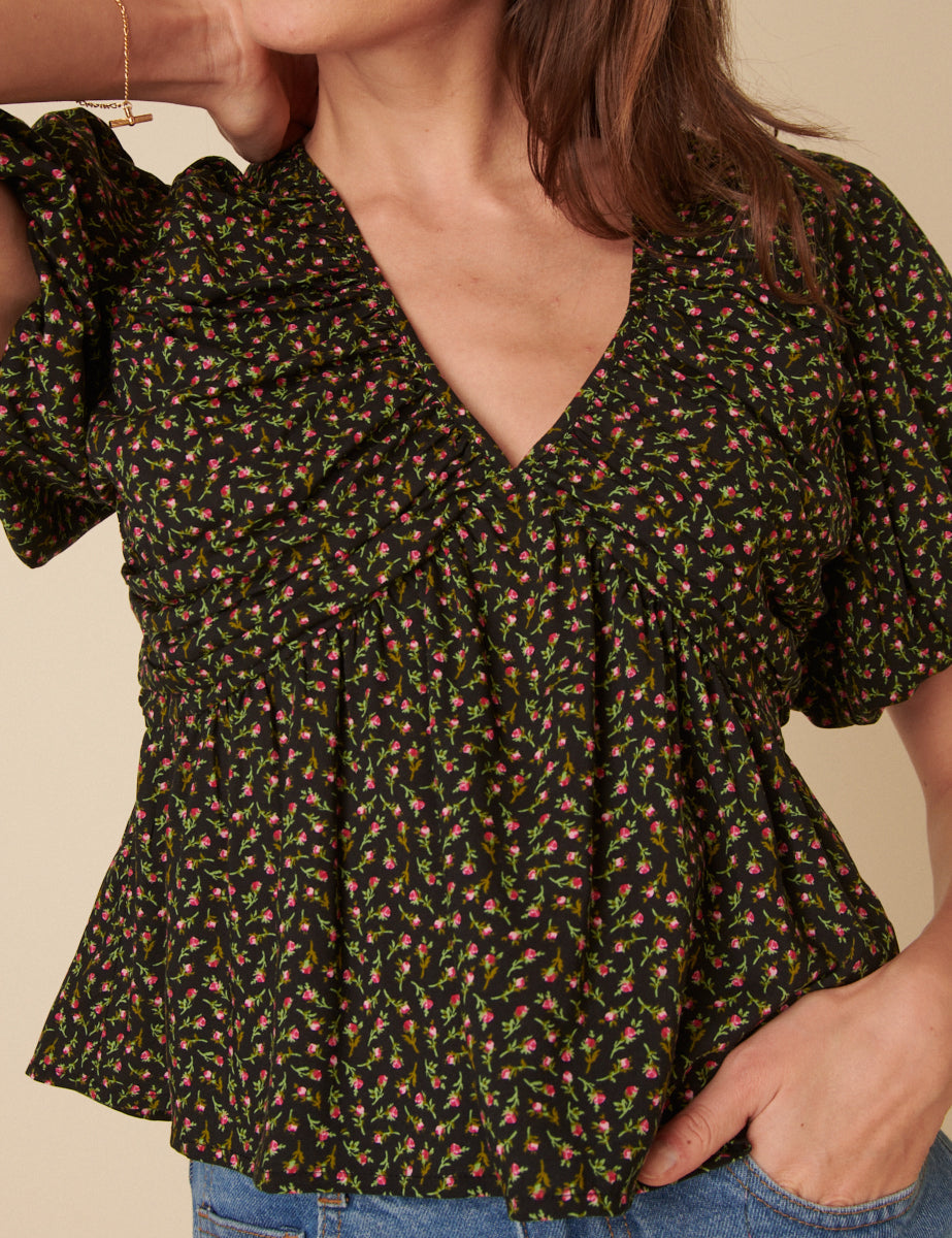 Black Floral Short Sleeve Top