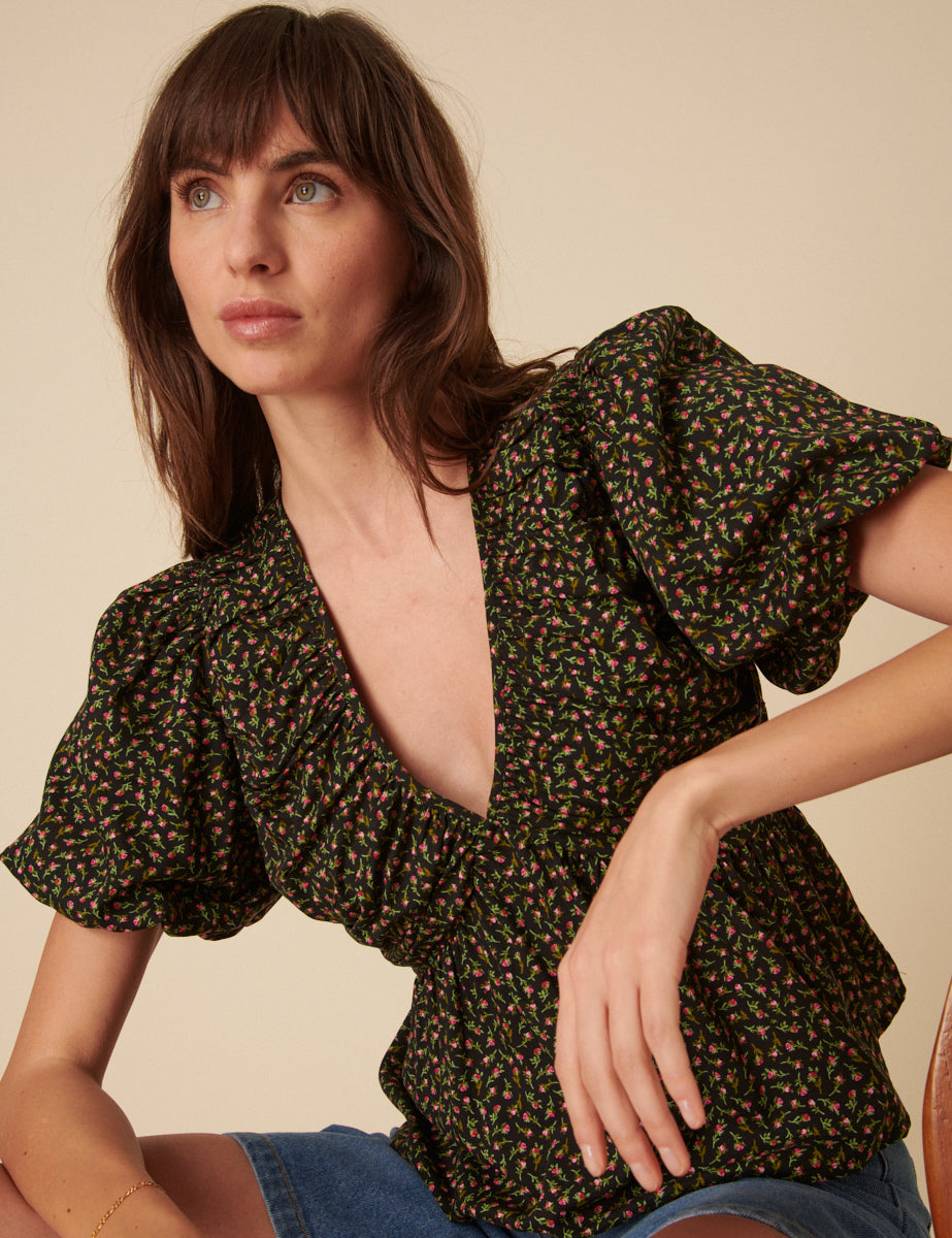 Black Floral Short Sleeve Top