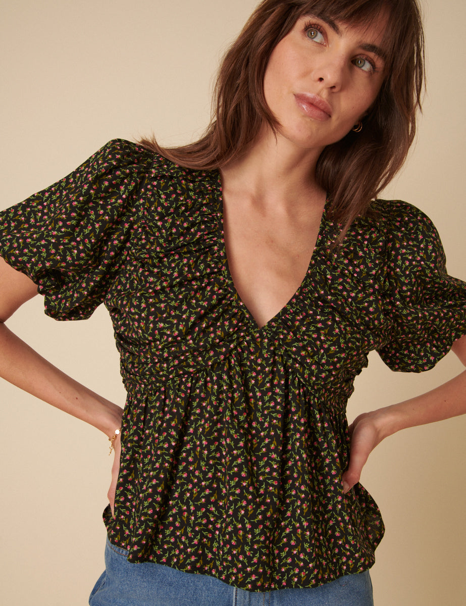 Black Floral Short Sleeve Top