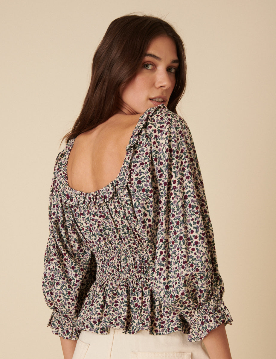 Cream Ditsy Floral Tie Front Blouse