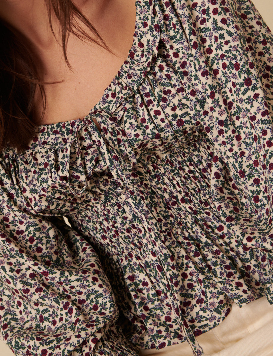 Cream Ditsy Floral Tie Front Blouse