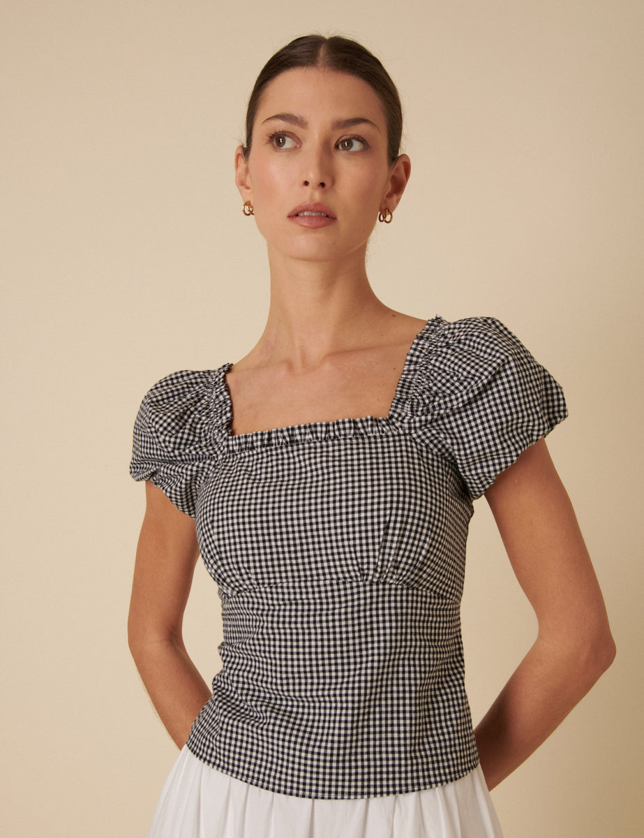 Black Gingham Puff Sleeve Top