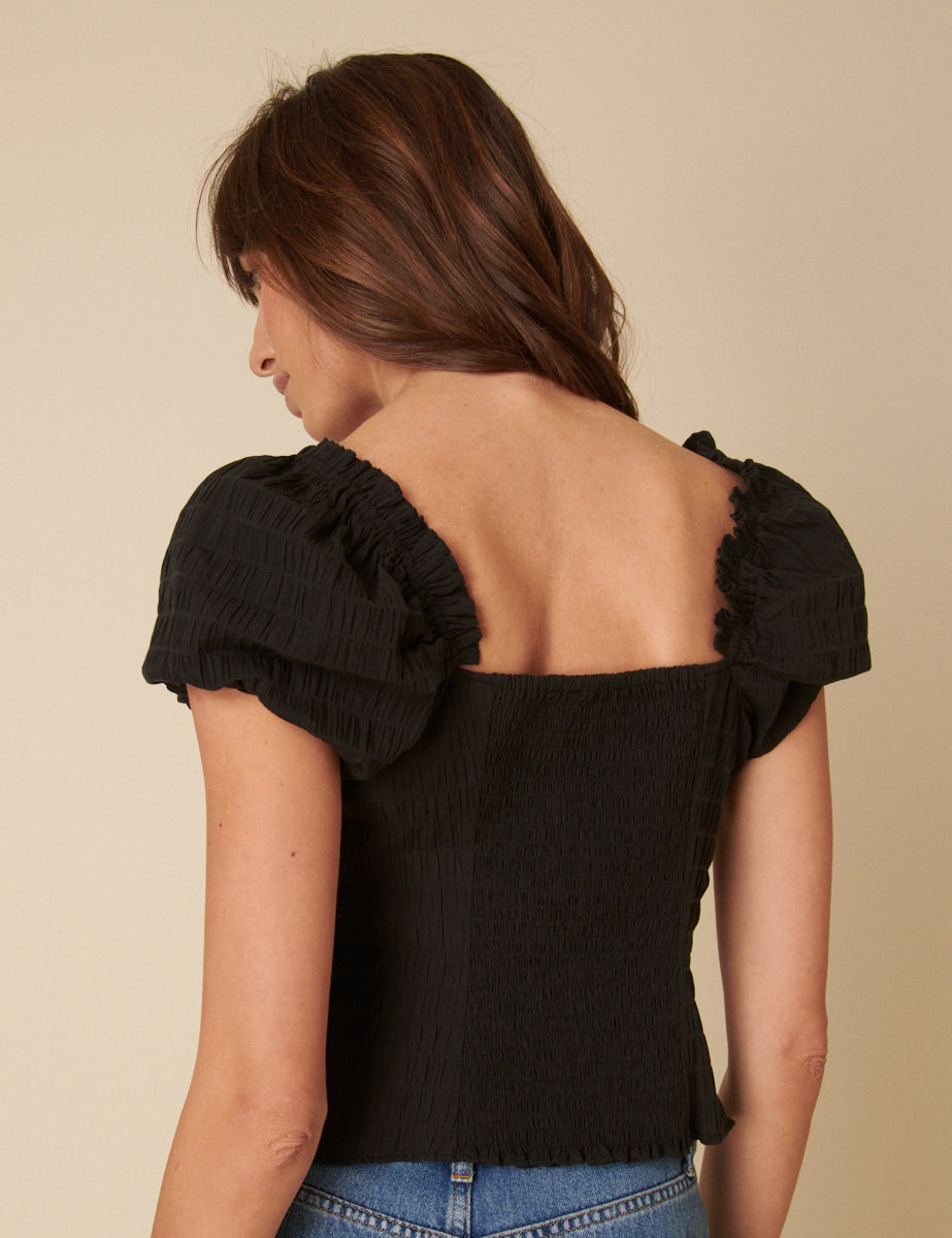 Black Ruched Puff Sleeve Top