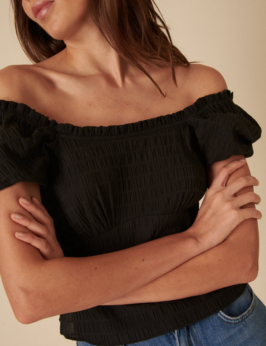 Black Ruched Puff Sleeve Top