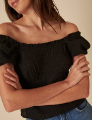 Black Ruched Puff Sleeve Top