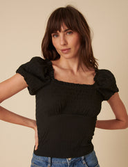 Black Ruched Puff Sleeve Top