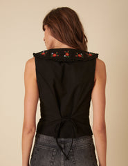 Black Floral Collar Embroidered Top