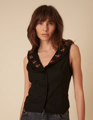 Black Floral Collar Embroidered Top