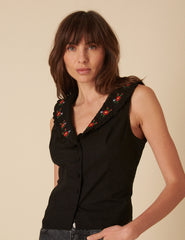 Black Floral Collar Embroidered Top