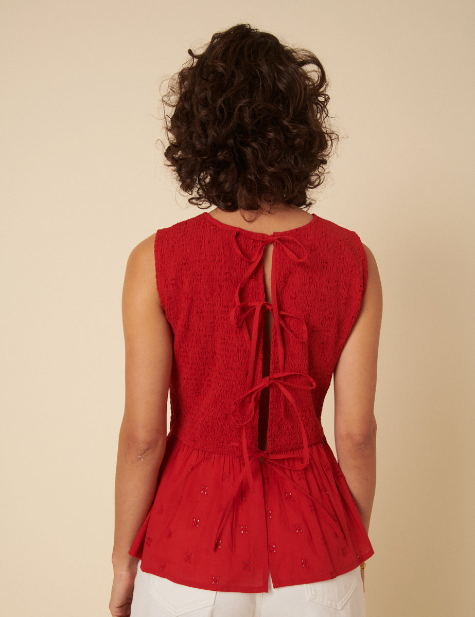 Red Broderie Anglaise Peplum Top