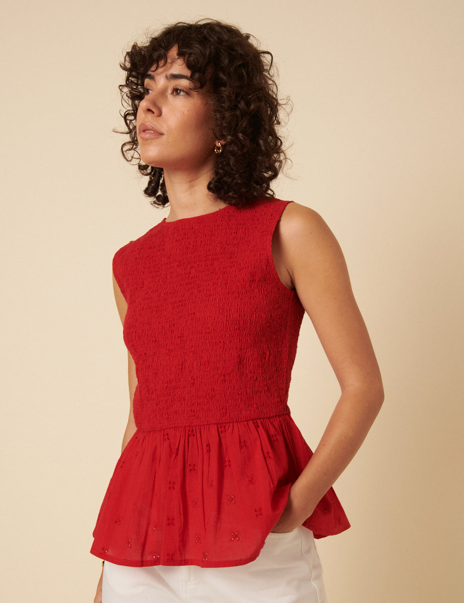 Red Broderie Anglaise Peplum Top