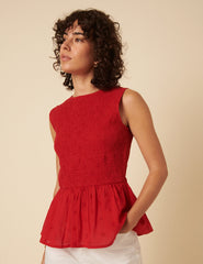 Red Broderie Anglaise Peplum Top