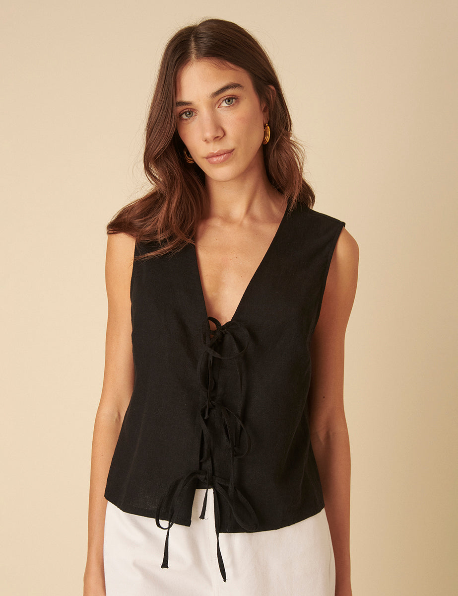 Black Linen-blend Tie Front Sleeveless Top