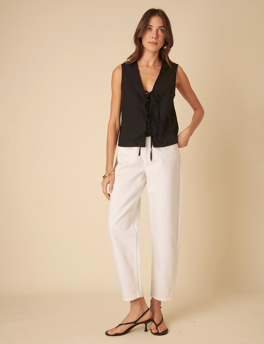 Black Linen-blend Tie Front Sleeveless Top