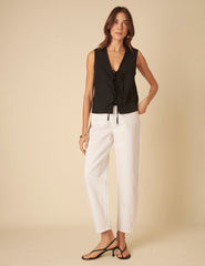 Black Linen-blend Tie Front Sleeveless Top