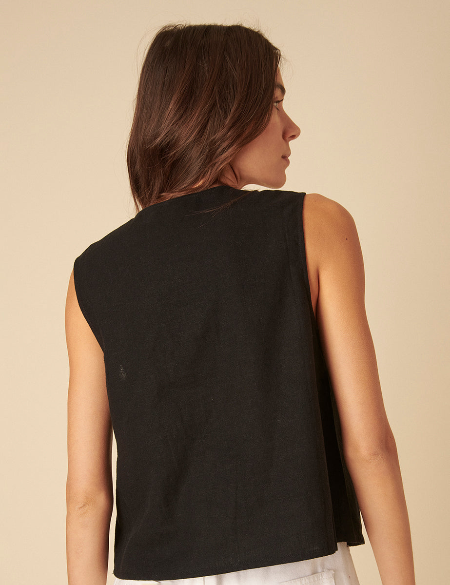 Black Linen-blend Tie Front Sleeveless Top