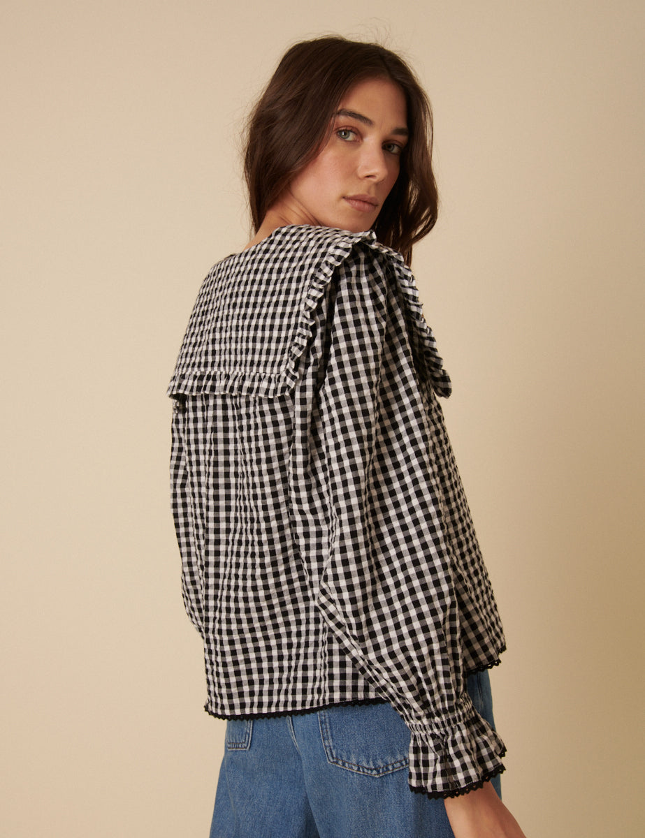 Black Gingham Frill Collar Blouse