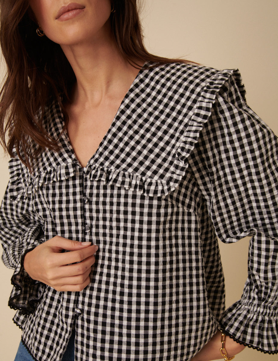 Black Gingham Frill Collar Blouse