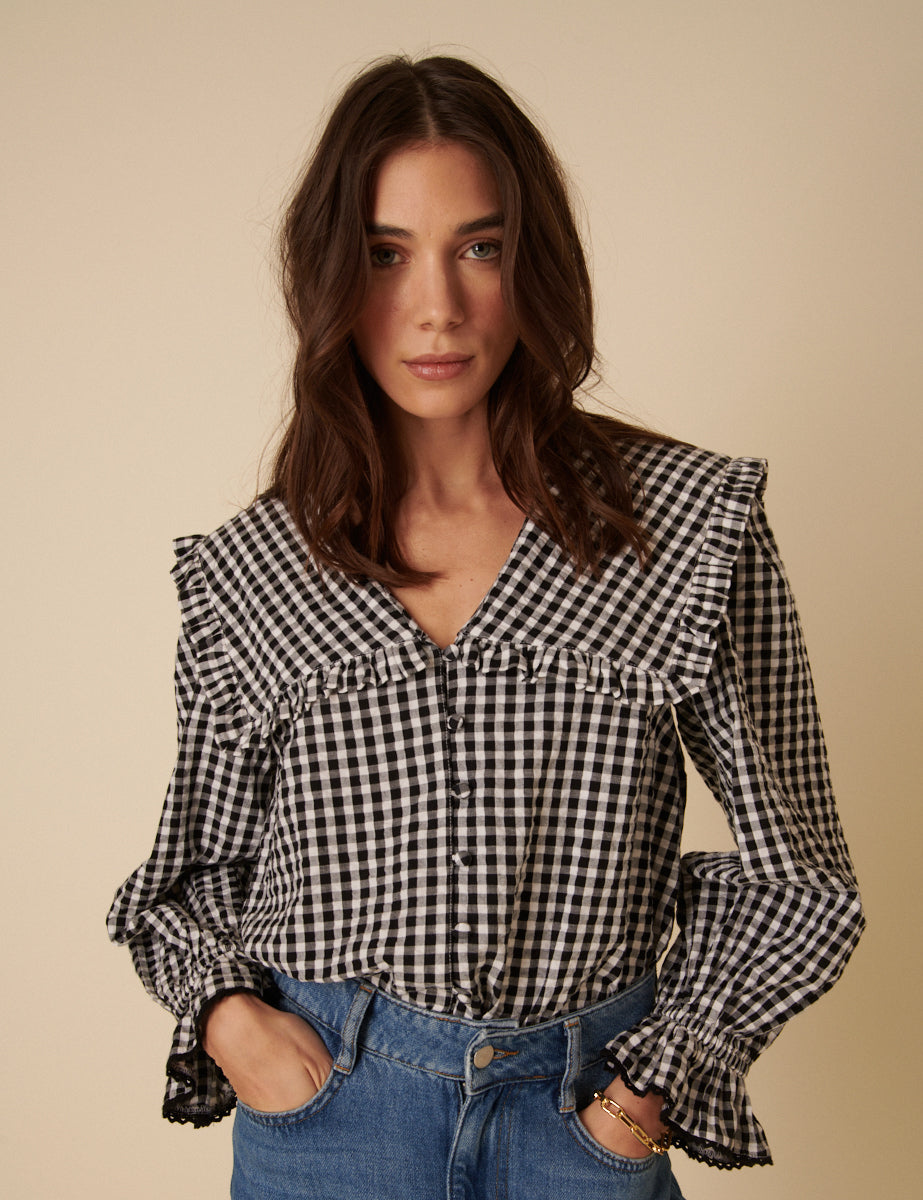 Black Gingham Frill Collar Blouse
