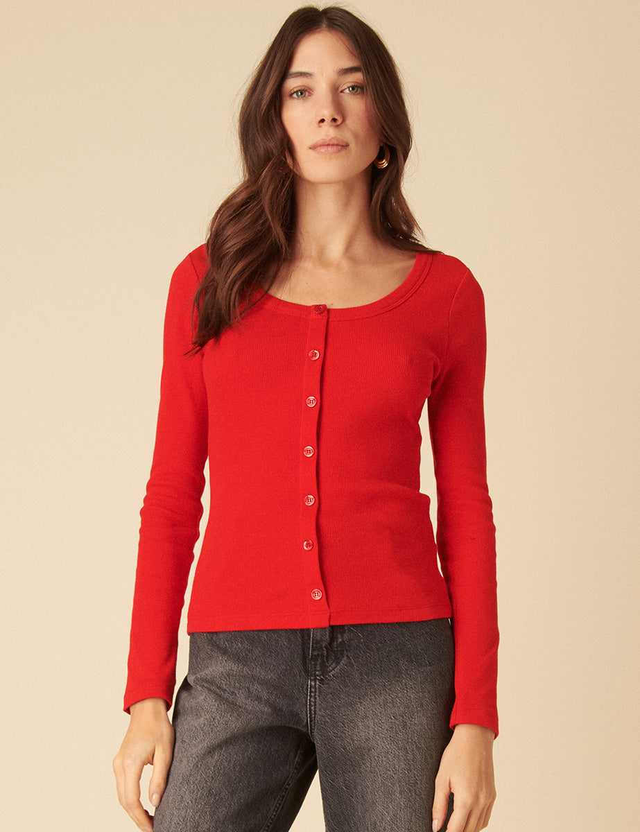 Red Scoop Neck Button Through Top