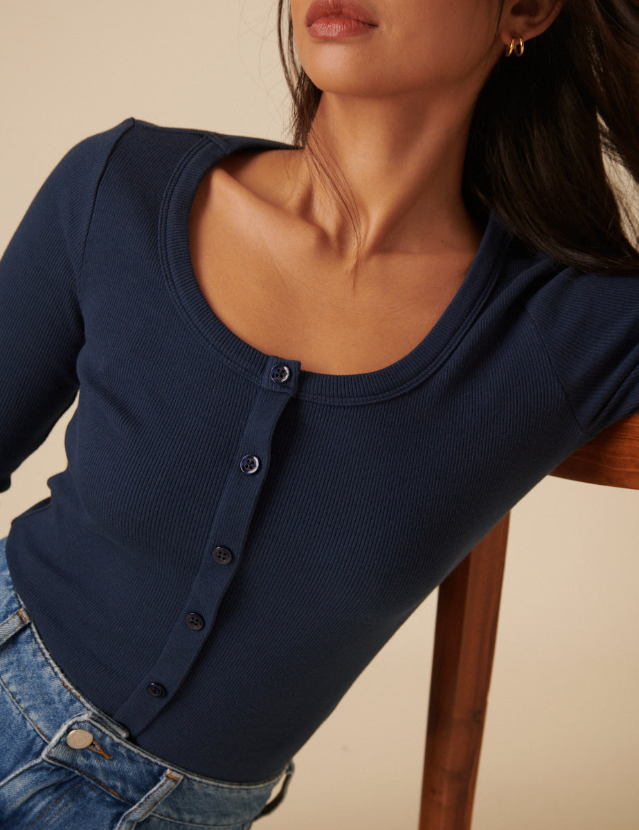 Blue Scoop Neck Button Through Top