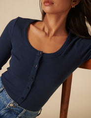Blue Scoop Neck Button Through Top