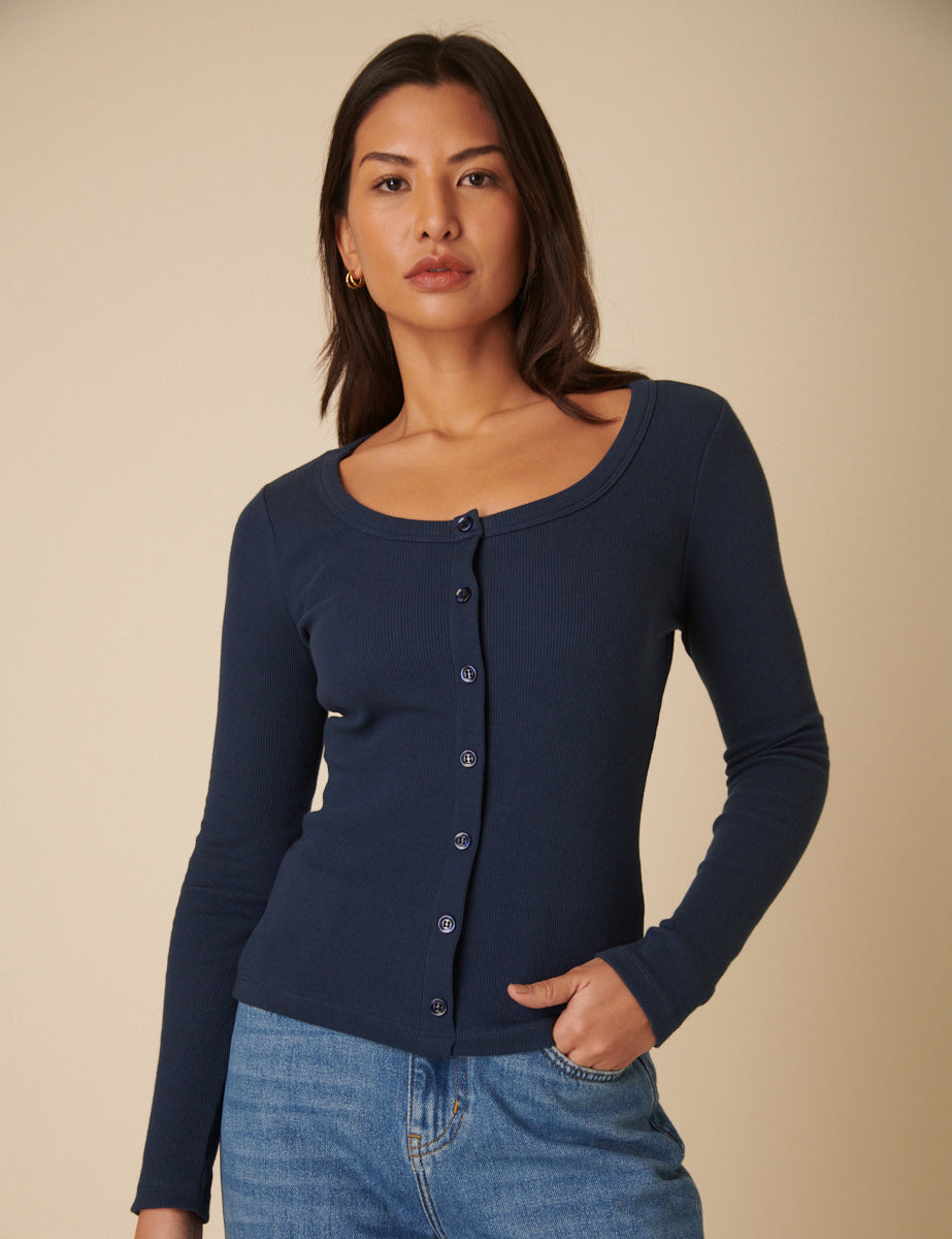 Blue Scoop Neck Button Through Top