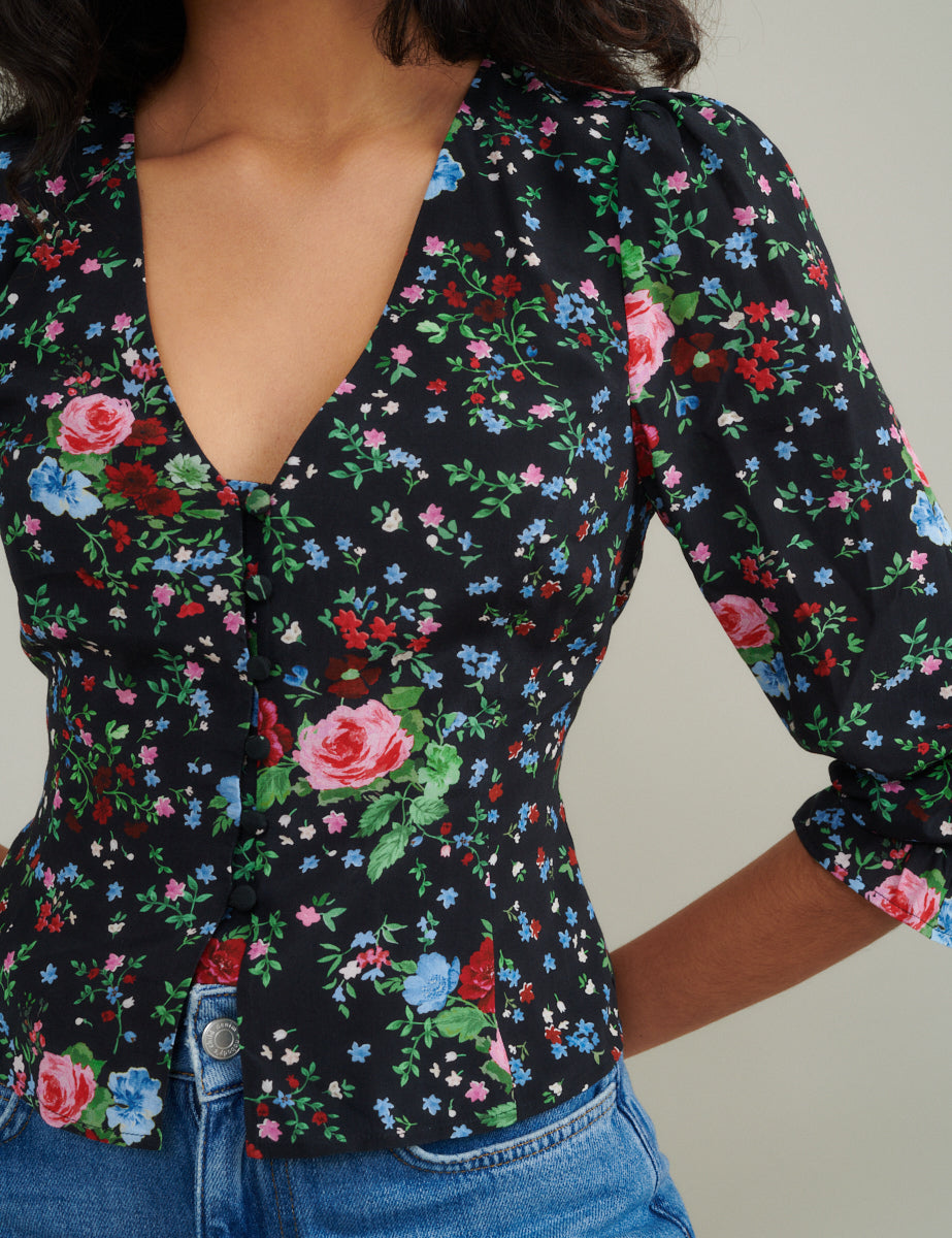 Black Ditsy Floral Blouse