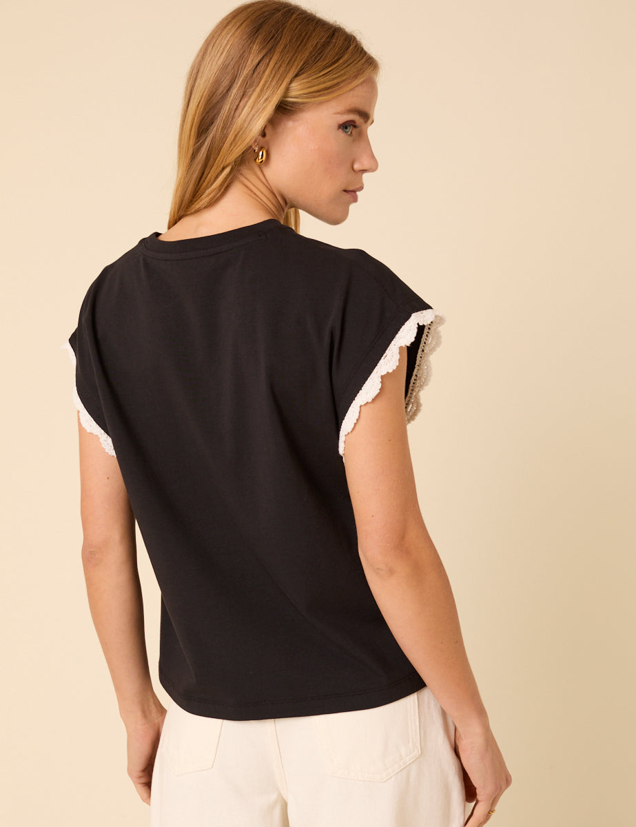 Black Crochet Trim Cap Sleeve T-Shirt