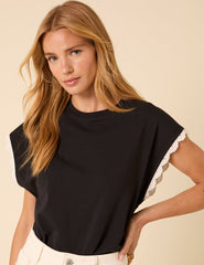 Black Crochet Trim Cap Sleeve T-Shirt