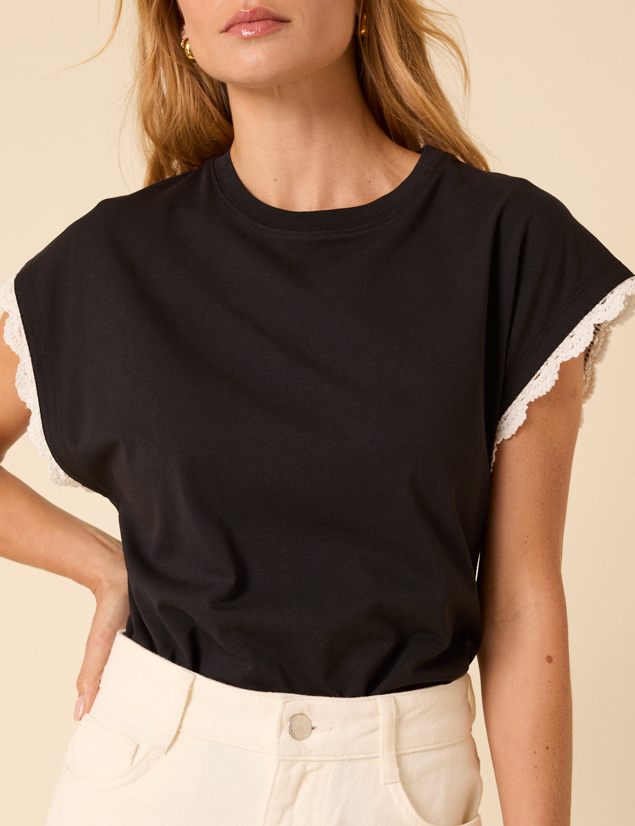 Black Crochet Trim Cap Sleeve T-Shirt