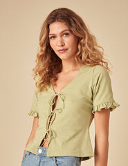Green Tie Front Jersey Top