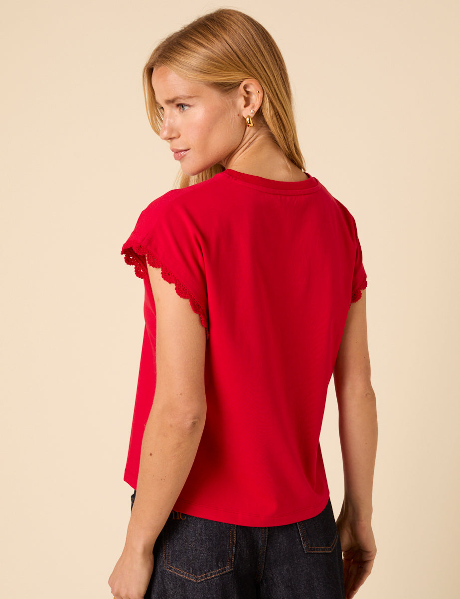Red Crochet Trim Cap Sleeve T-Shirt