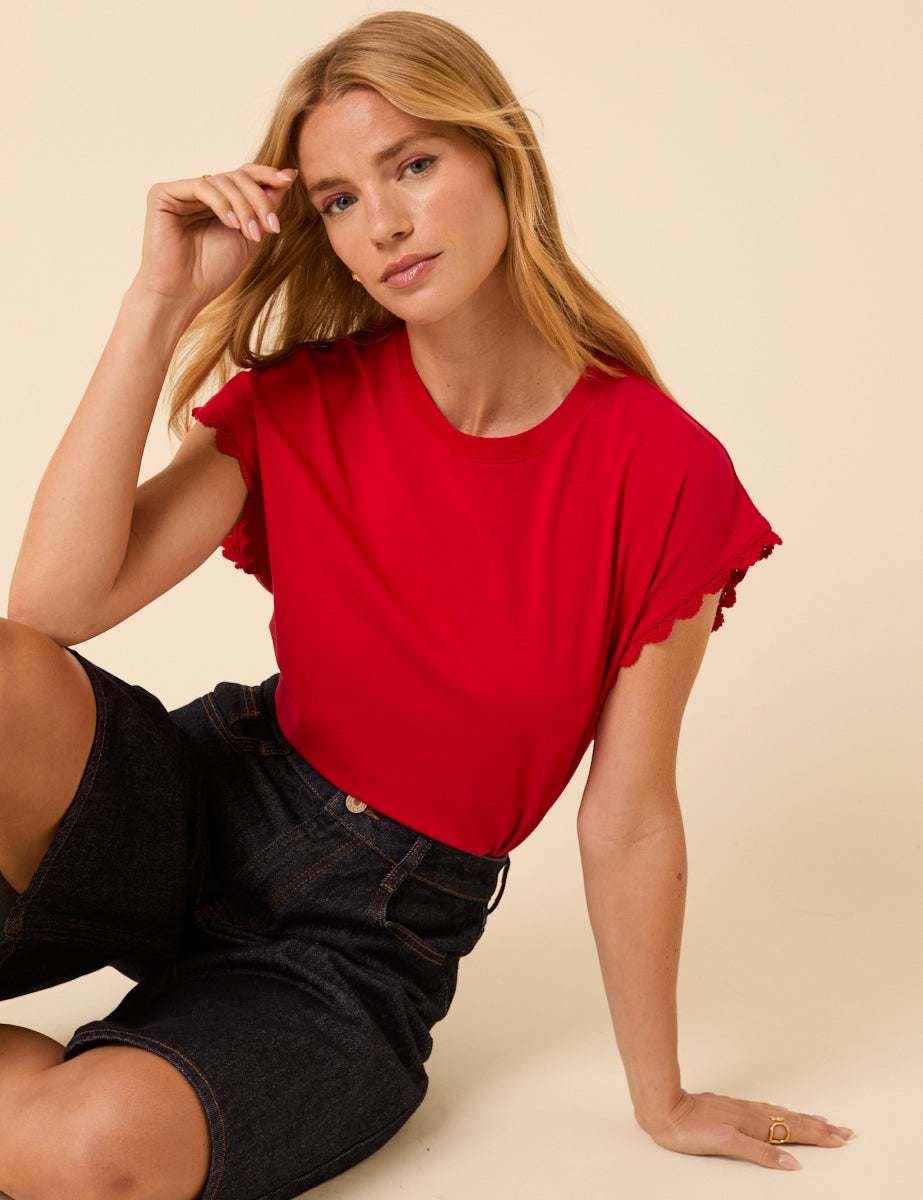 Red Crochet Trim Cap Sleeve T-Shirt