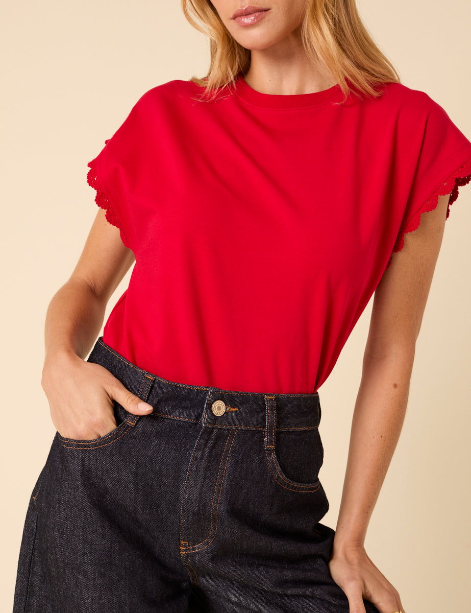 Red Crochet Trim Cap Sleeve T-Shirt