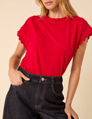 Red Crochet Trim Cap Sleeve T-Shirt